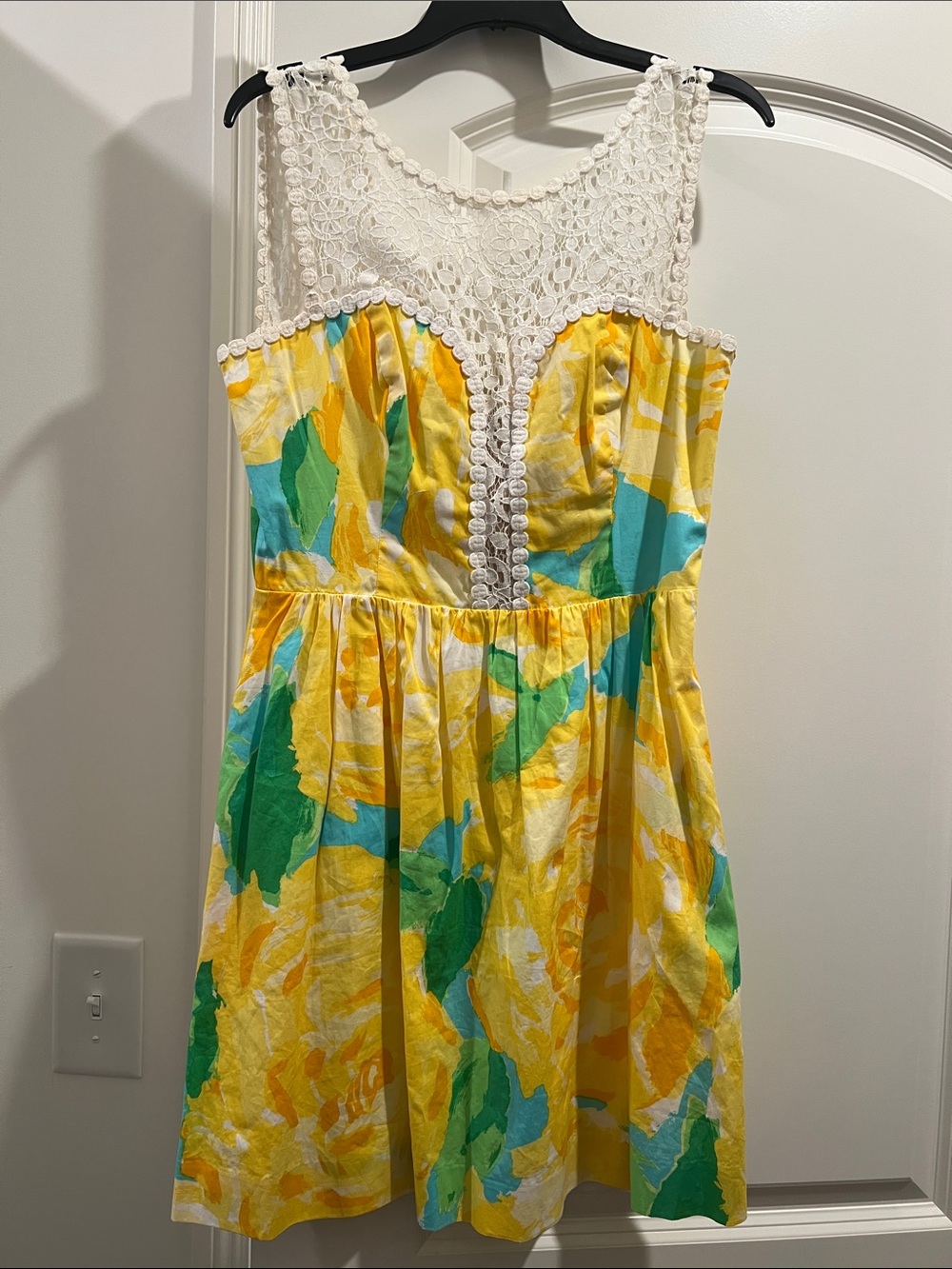 Lilly Pulitzer Yellow, Teal & Green Floral Crochet Yoke Dress